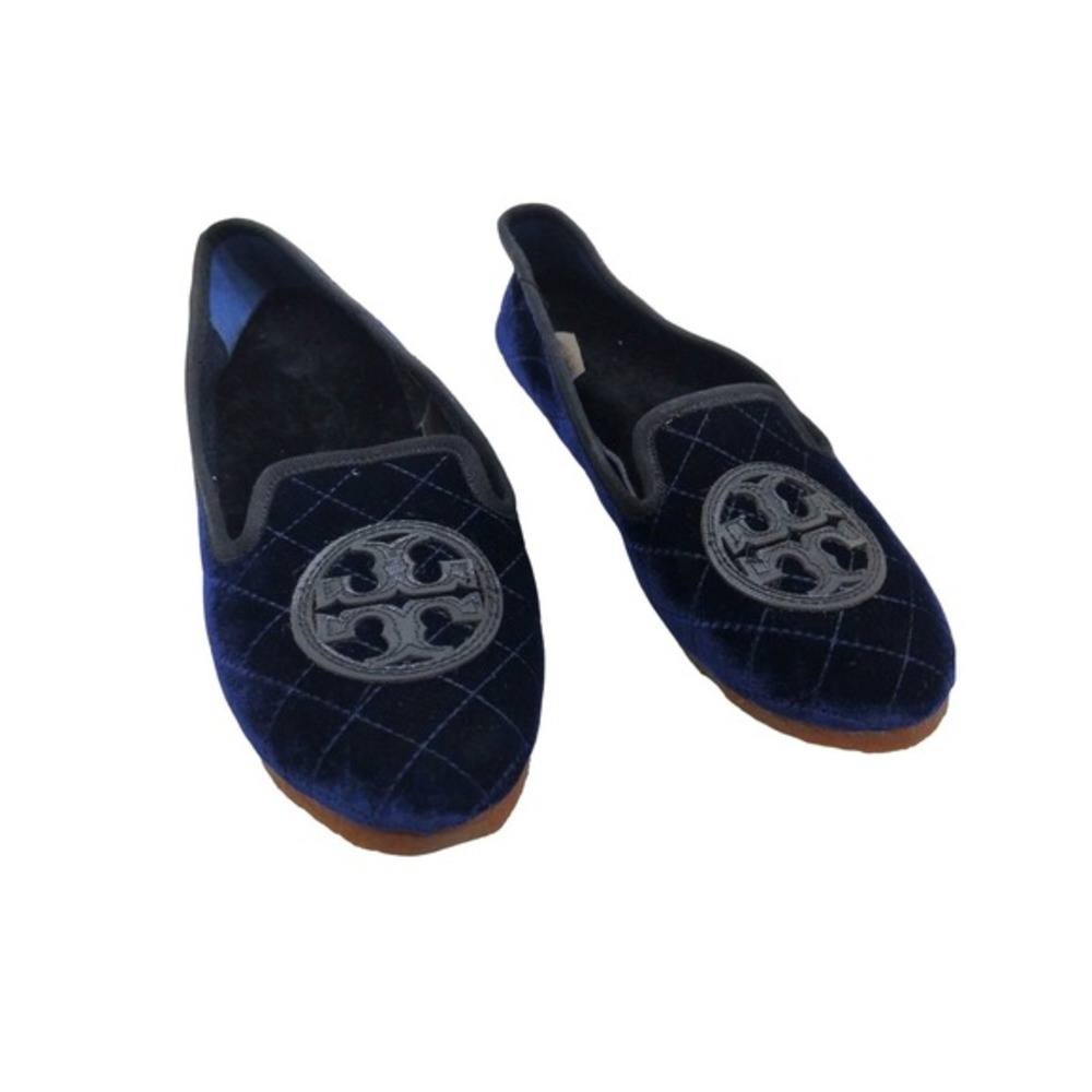 Tory Burch Womens Quilted Velvet Fur Lined Loafers 5M Navy Blue Double T Logo